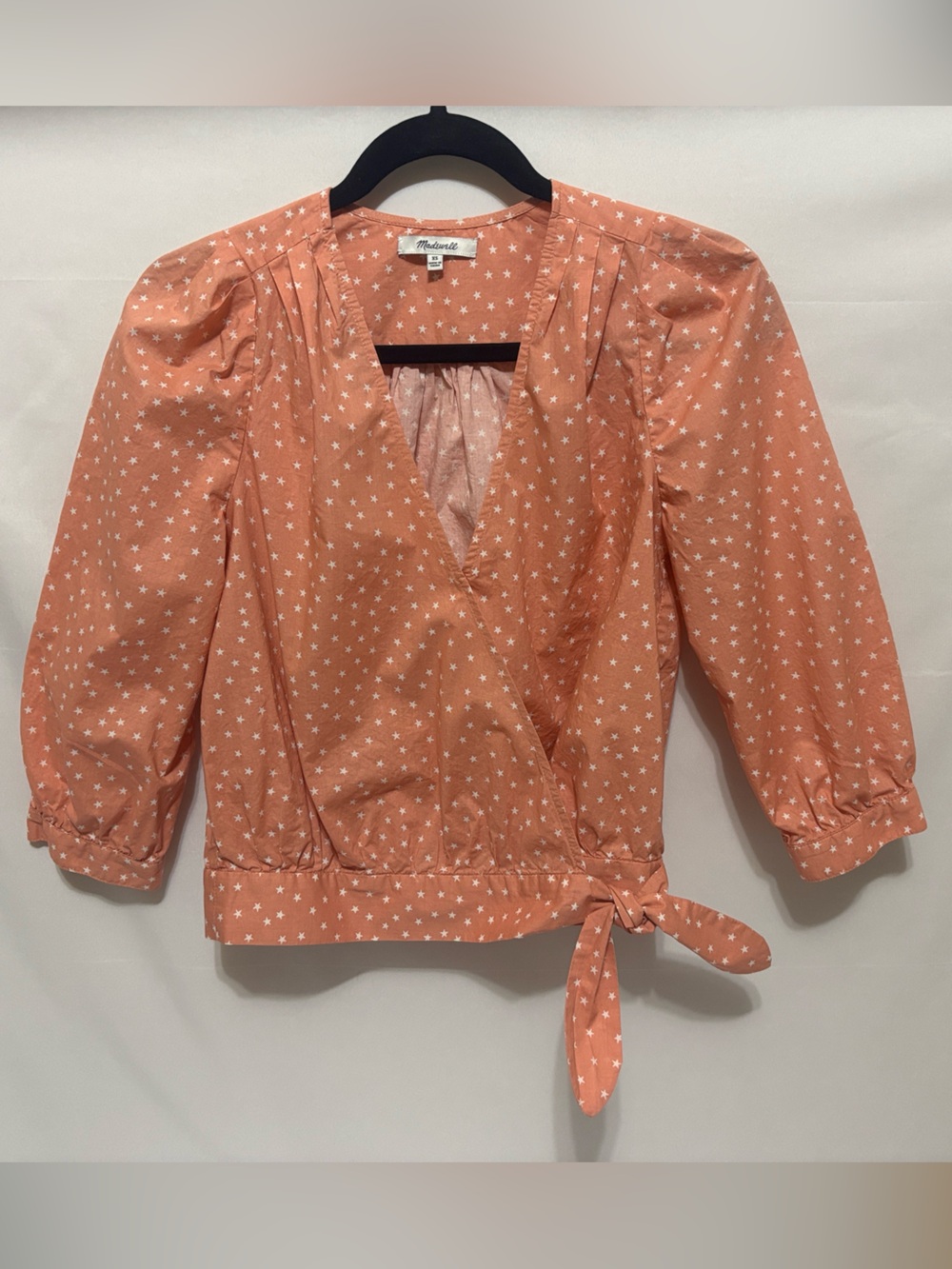 Madewell Coral Star Scatter Wrap Top XS Puff Sleeves Button Cuffs Cottagecore
